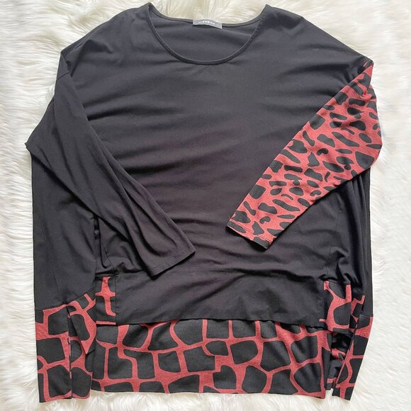 Alembika Black Red Animal Print Asymmetrical Hem Batwing Long Sleeve Top - Picture 1 of 7
